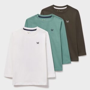 3-Pack Cotton Long-Sleeve Tees in Green & Ivory