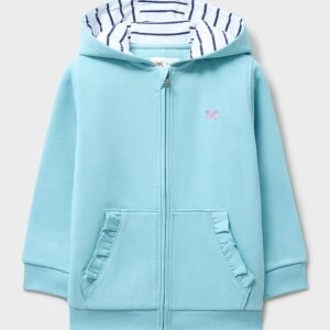 Frill Pocket Zip Through Hoodie in Mint Blue