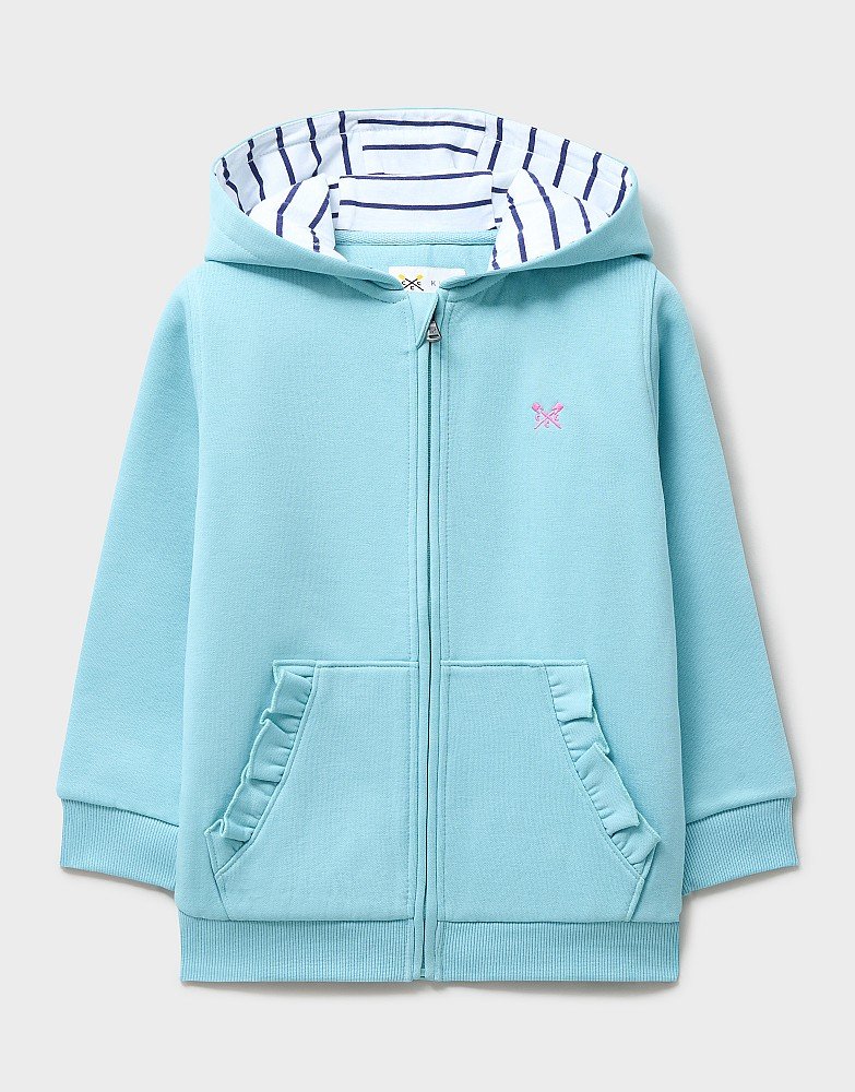 Frill Pocket Zip Through Hoodie in Mint Blue