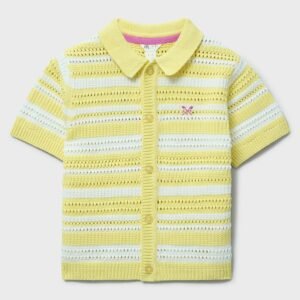 Pointelle Stripe Collared Cardigan in Yellow and White