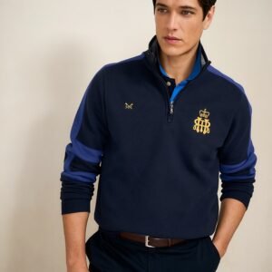 Henley Embroidered Back Half Zip Sweatshirt in Navy and Blue