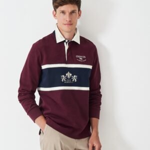 Cotton Embroidered-Crest Rugby Shirt in Burgundy & Navy