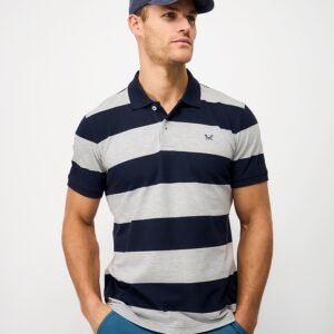 Heritage Stripe Cotton Polo Shirt in Grey Marl and Navy