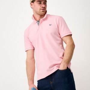 Herringbone Under Placket Cotton Pique Polo Shirt in Pink