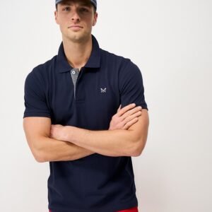 Herringbone Under Placket Cotton Pique Polo Shirt in Navy