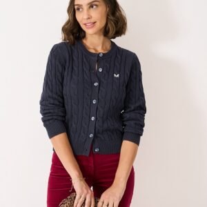 Cotton Heritage Cable Knit Cardigan in Navy