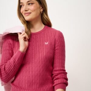 Heritage Cable Crew Neck Jumper with Cashmere in Pink