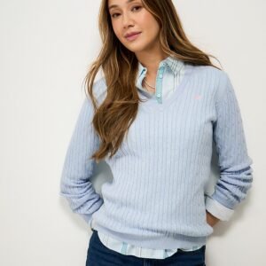 Heritage V Neck Cable Jumper with Cashmere in Light Blue