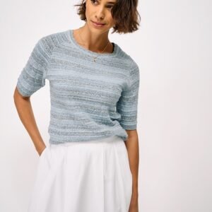Knitted Cotton Scallop-Edge Tee in Blue Marl