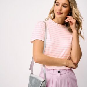 Short Sleeve Frill Neck T-shirt in Pink Stripe
