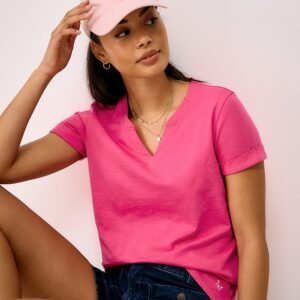 Notch Neck Cotton T-Shirt in Raspberry Pink