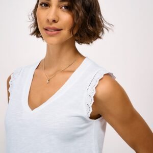 Cotton-Linen Broderie Anglaise-Trim Vest in White