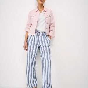 Linen Blend Wide Leg Stripe Trousers in Navy and White